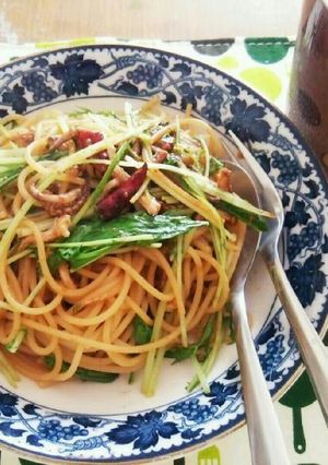 簡単！イカの塩辛と水菜のペペロンチーノ-レシピのメイン写真