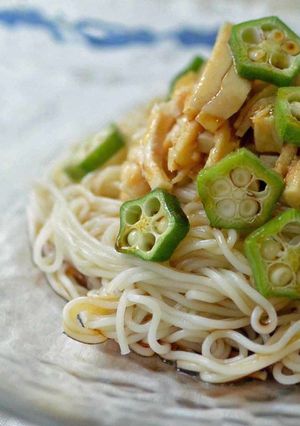 オクラと蒸し鶏のオリーブオイル醤油素麺-レシピのメイン写真