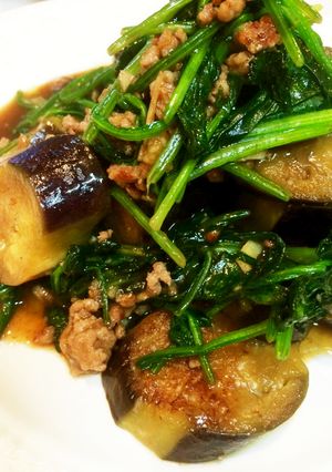 挽肉100ｇ☆ナスとほうれん草の中華炒め-レシピのメイン写真