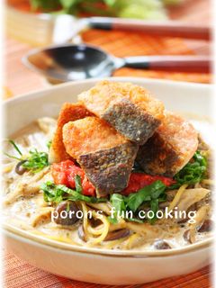 鮭とキノコの海苔佃煮ミルクスープパスタ-レシピのメイン写真