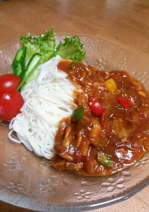 ツナ＆トマト缶＆ピーマンの夏カレー素麺♡-レシピのメイン写真