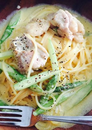 鶏肉とアスパラガスの豆乳カルボナーラ-レシピのメイン写真