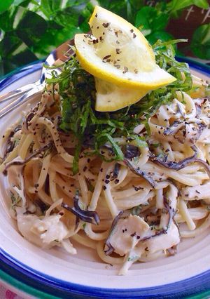 大葉香る♡塩昆布&蒸し鶏の豆乳山葵パスタ-レシピのメイン写真