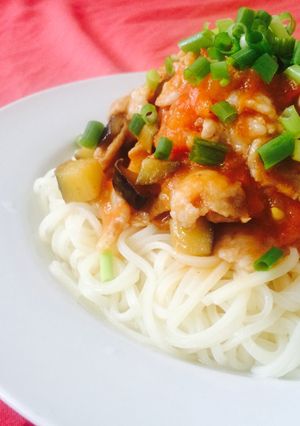 ナスと豚肉の和風トマトソース冷麦-レシピのメイン写真