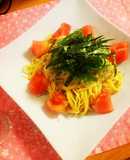 簡単！和風冷製パスタ　トマト梅じゃこ大葉
