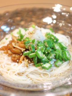 おくらとなめこのおろしぶっかけそうめん♪-レシピのメイン写真