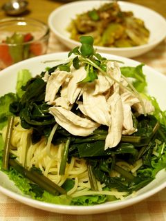 野菜たっぷり空芯菜と鶏ささみの冷製パスタ-レシピのメイン写真