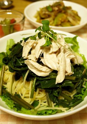 野菜たっぷり空芯菜と鶏ささみの冷製パスタ-レシピのメイン写真
