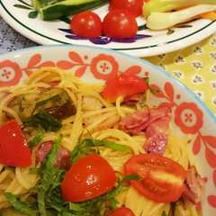 รูปของ 夏野菜　ナスとトマトベーコンの和風パスタ