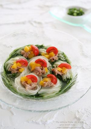 夏野菜とツナで緑のネバとろそうめん-レシピのメイン写真