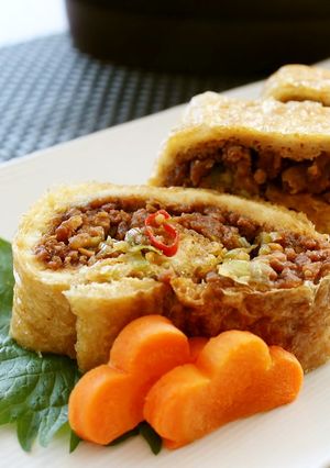 ジューシー！大きな油揚げの肉味噌巻き-レシピのメイン写真