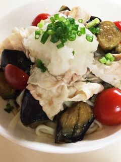 ナスの揚げ浸しon冷しゃぶおろしうどん-レシピのメイン写真