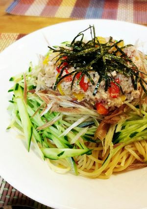 ひき肉と夏野菜の夏バテ解消冷静パスタ♪-レシピのメイン写真