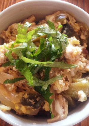 夏休みランチ♪めんつゆ簡単!ナスで親子丼-レシピのメイン写真