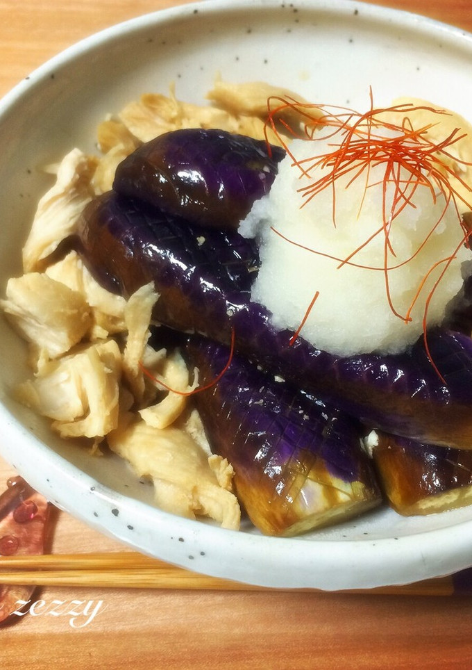 簡単！15分。焼き茄子と鶏ささみの煮浸し-レシピのメイン写真