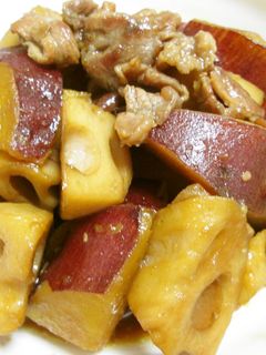 さつま芋・れんこん・豚肉の甘辛炒め煮-レシピのメイン写真