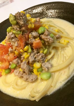 ☆トマトに枝豆！夏野菜の豆乳スープパスタ-レシピのメイン写真