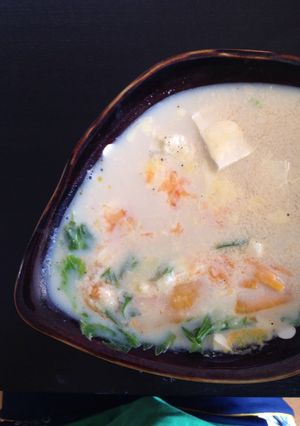 ひとり飯。温めるだけ豆乳スープチーズ雑炊-レシピのメイン写真