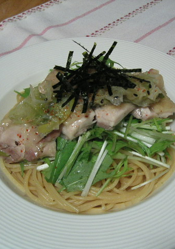 蒸し鶏と水菜の和風パスタ-レシピのメイン写真