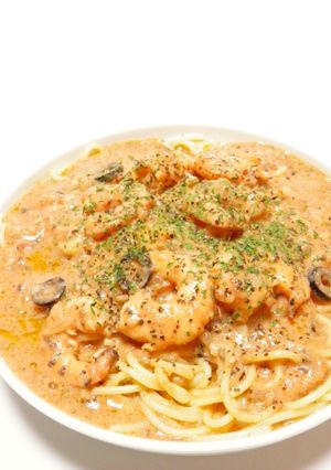 エビ豆乳トマトクリームスープスパゲティ♪-レシピのメイン写真