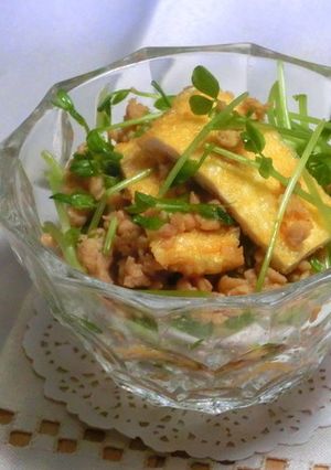 ピリ辛ひき肉と油揚げと豆苗のあえ物-レシピのメイン写真