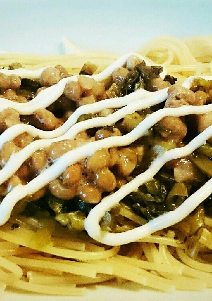 高菜と納豆と梅のめんつゆマヨパスタ-レシピのメイン写真