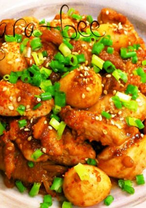 鶏とうずらと白滝のピリ辛ゴマ味噌炒め-レシピのメイン写真