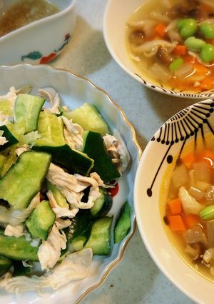 鳥ときゅうりの塩レモン和えと野菜スープ-レシピのメイン写真