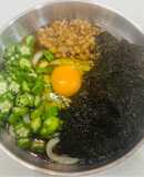 アカモク＆オクラ＆納豆＆卵で冷やしうどん