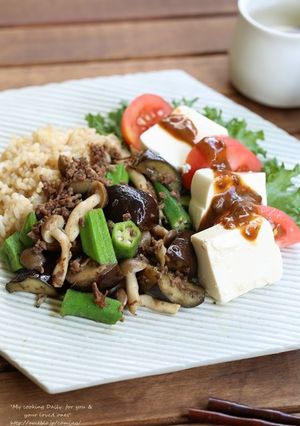 オクラとなすとひき肉のオイスター炒めご飯-レシピのメイン写真