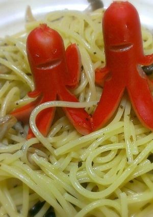 トリュフオイルスパゲティ　ソーセー人添え-レシピのメイン写真