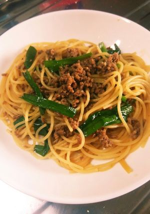 ひき肉とニラのパスタ柚子胡椒風味-レシピのメイン写真