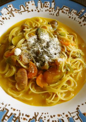 ワンポットでカボチャスープのパスタ-レシピのメイン写真