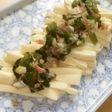 こうや豆腐のわさび菜みょうがソースがけ