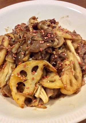 きのことれんこん豚肉の梅しょうゆ炒め-レシピのメイン写真