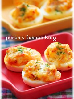 ピリ辛♪ゆで卵のハム&キムチチーズ焼き-レシピのメイン写真