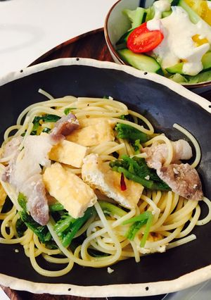 ダイコン葉と豚肉の和風ぺペロンチーノ-レシピのメイン写真