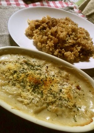 1度に同じ材料でチキンライスとグラタン-レシピのメイン写真