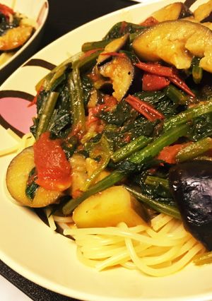 ナスとトマトとほうれん草のパスタ-レシピのメイン写真