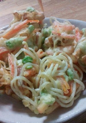 うどんで枝豆ちくわ人参のかき揚げ(๑´ڡ-レシピのメイン写真