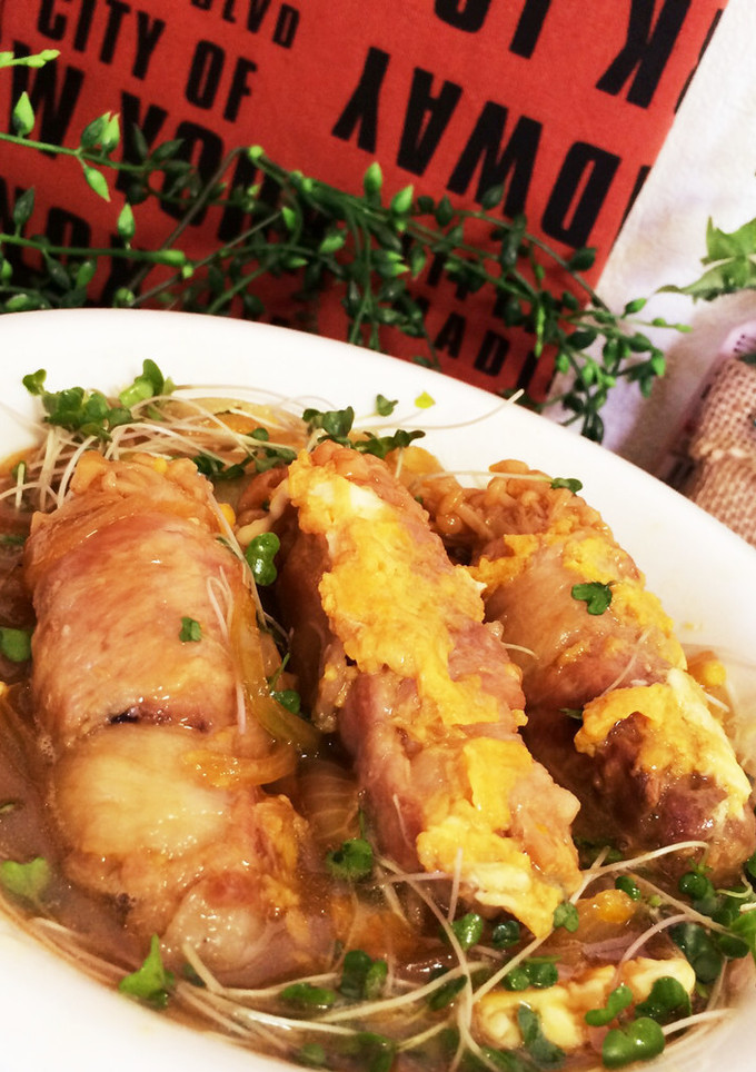 簡単節約おかず！えのき肉巻き卵とじ♪-レシピのメイン写真