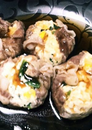 レンジで簡単！薄切り肉で豆腐包み茶巾蒸し-レシピのメイン写真