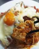 豚ロース豚カツ用でガッツリお肉パスタ