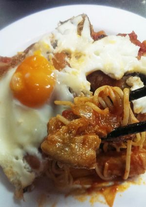 豚ロース豚カツ用でガッツリお肉パスタ-レシピのメイン写真