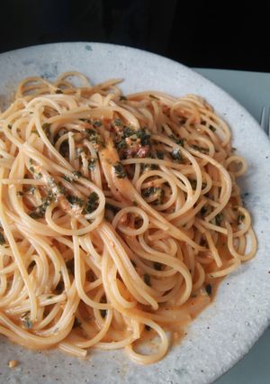 鮭ふりかけのミートクリームパスタ-レシピのメイン写真