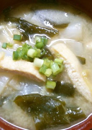 簡単朝食 白菜とワカメ 油揚げのお味噌汁-レシピのメイン写真