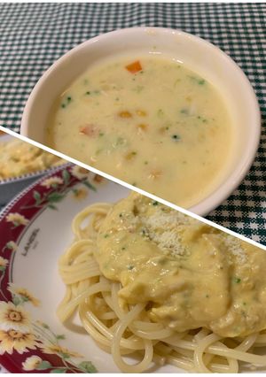 コーンクリームスープ＆カルボナーラ風パスタ-レシピのメイン写真