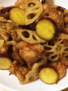 れんこん・さつまいも・鶏肉の甘酢炒め-レシピのメイン写真