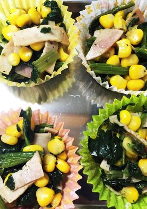 お弁当♡ハムほうれん草コーンのバター炒め-レシピのメイン写真