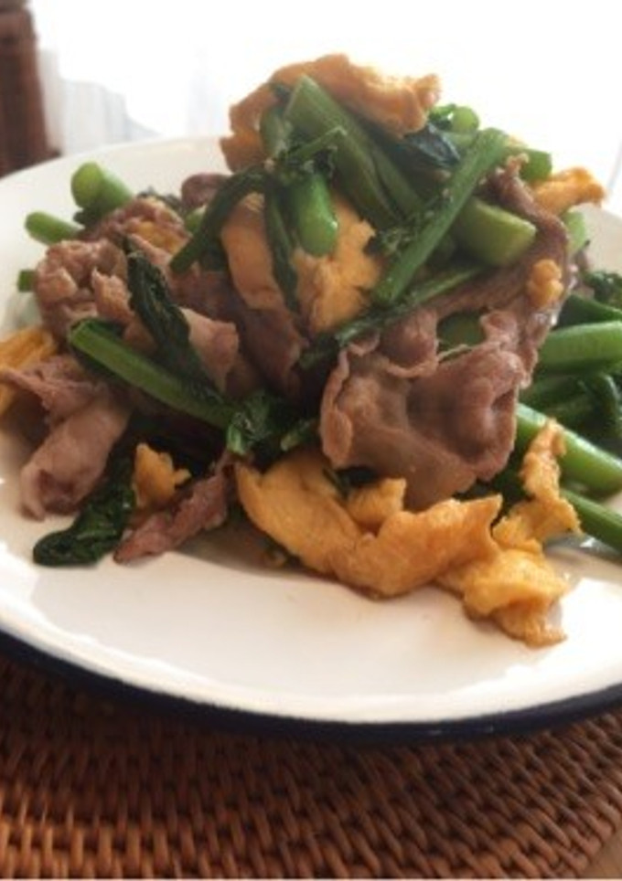 アスパラ菜と豚肉とふわふわ卵の炒め物-レシピのメイン写真